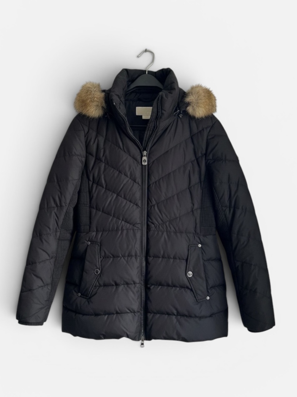 Michael Kors Black Chevron Down Filled Hooded Puffer Coat XL- detachable hood